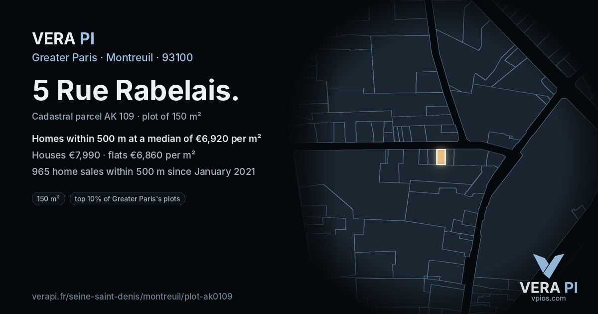 5 Rue Rabelais, Montreuil at night – the plot lit, the parcels around coloured by the prices near them