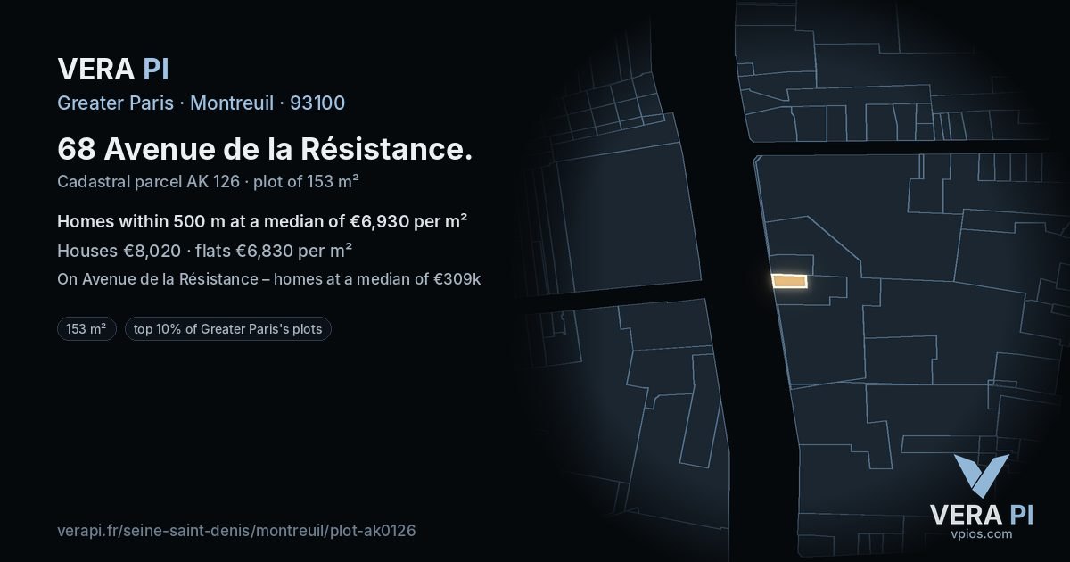 68 Avenue de la Résistance, Montreuil at night – the plot lit, the parcels around coloured by the prices near them