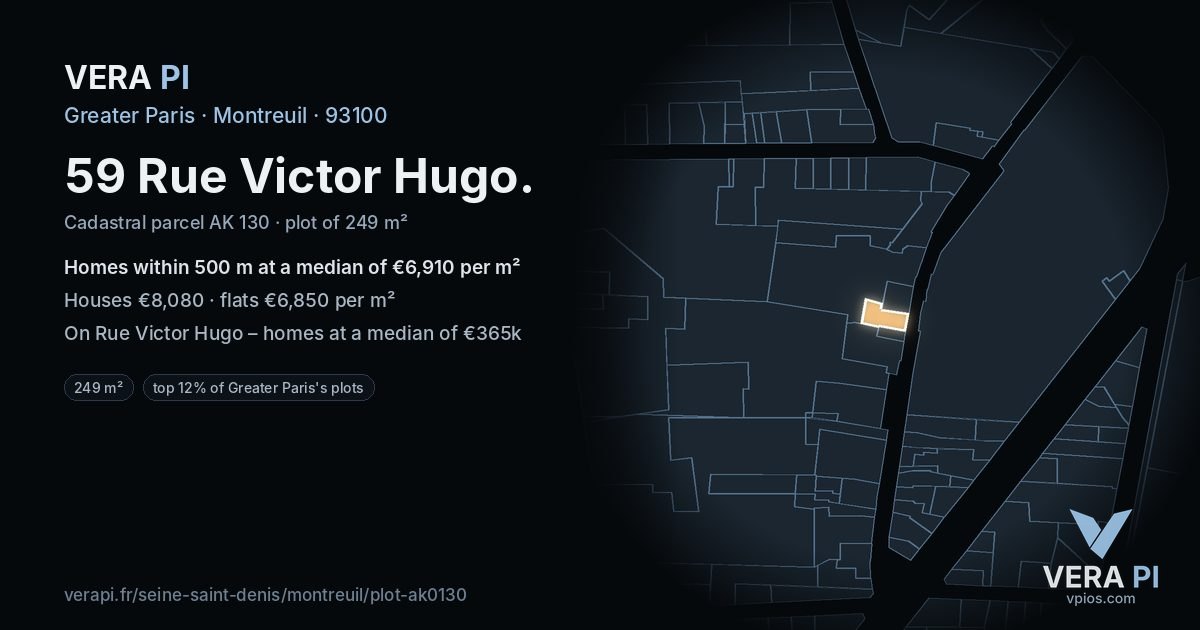 59 Rue Victor Hugo, Montreuil at night – the plot lit, the parcels around coloured by the prices near them