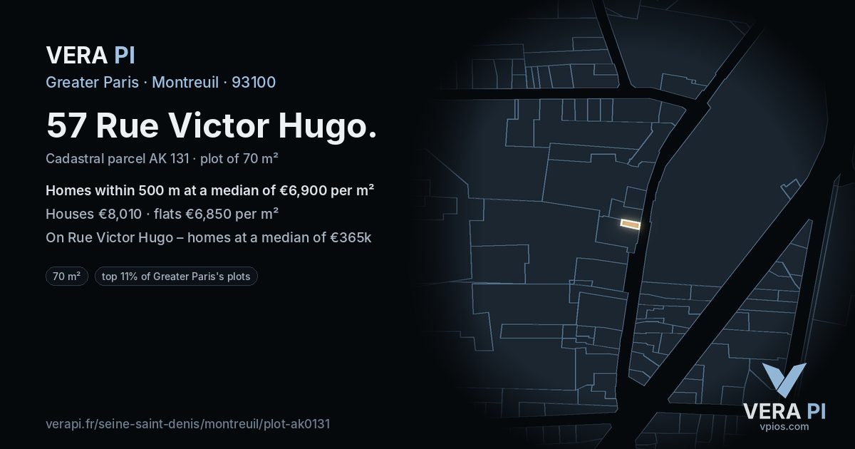 57 Rue Victor Hugo, Montreuil at night – the plot lit, the parcels around coloured by the prices near them