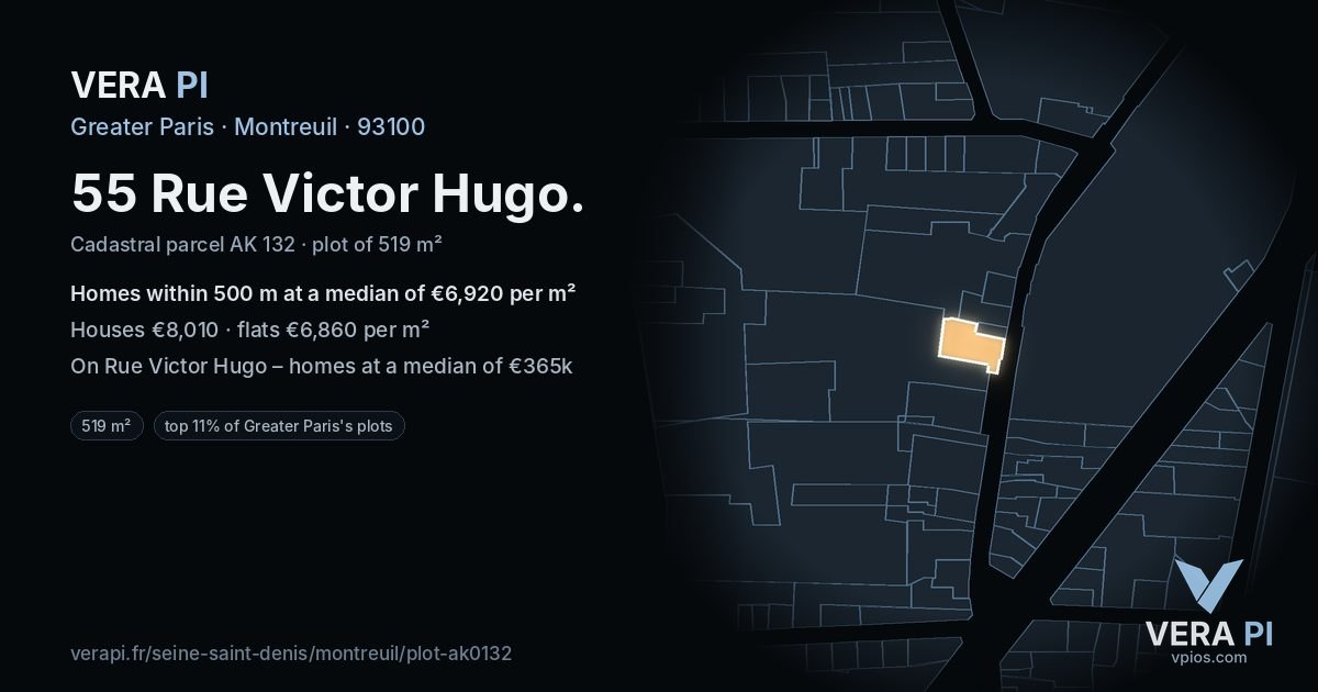 55 Rue Victor Hugo, Montreuil at night – the plot lit, the parcels around coloured by the prices near them
