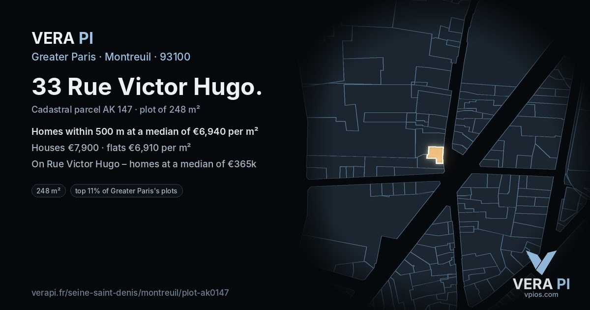 33 Rue Victor Hugo, Montreuil at night – the plot lit, the parcels around coloured by the prices near them