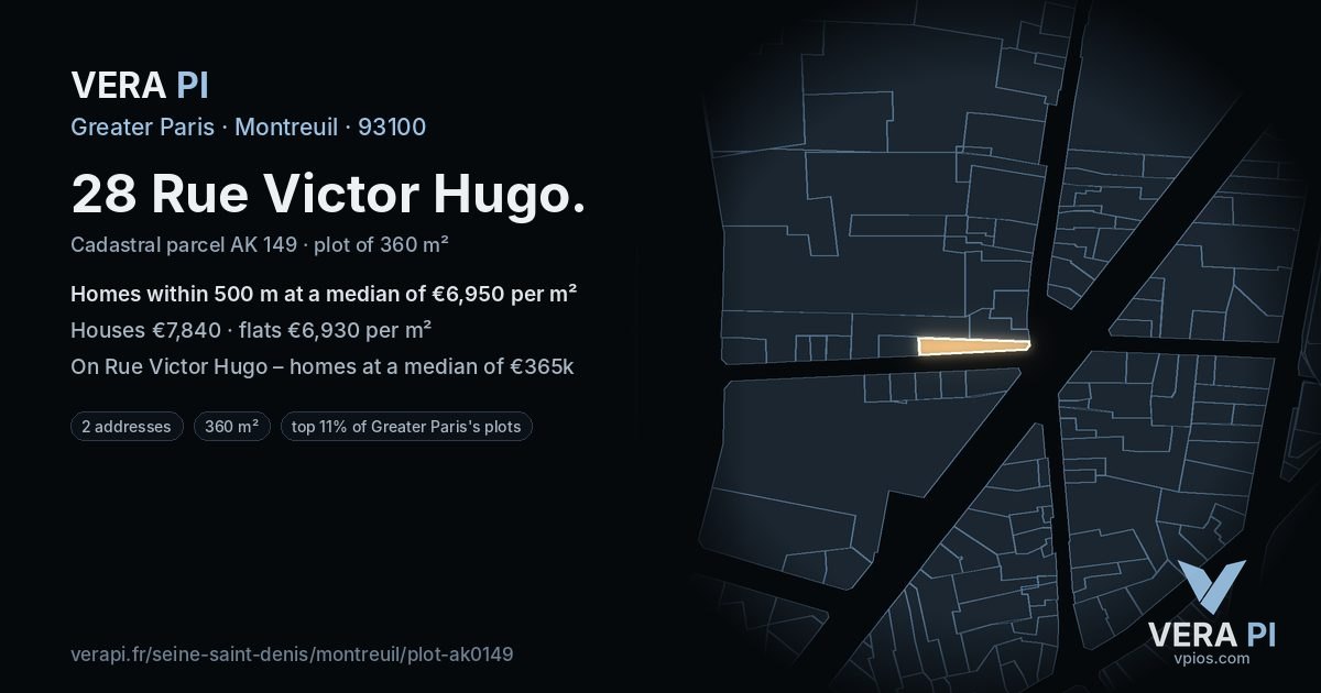 28 Rue Victor Hugo, Montreuil at night – the plot lit, the parcels around coloured by the prices near them