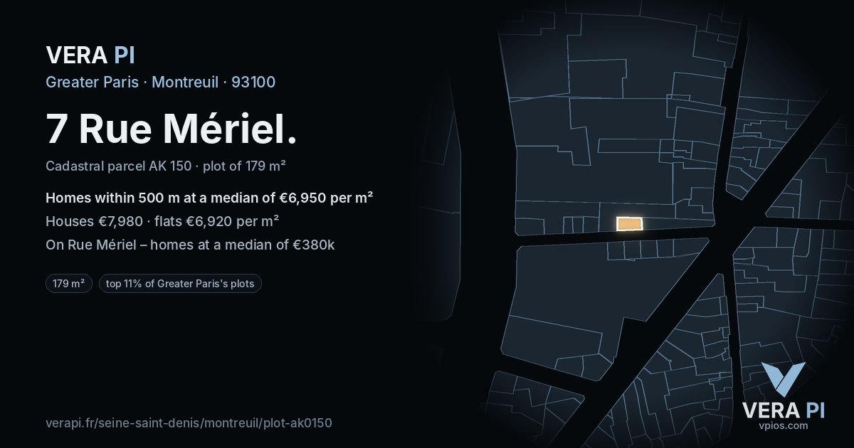 7 Rue Mériel, Montreuil at night – the plot lit, the parcels around coloured by the prices near them