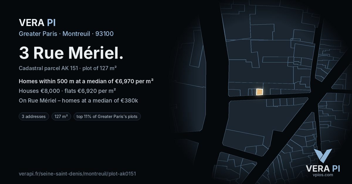3 Rue Mériel, Montreuil at night – the plot lit, the parcels around coloured by the prices near them