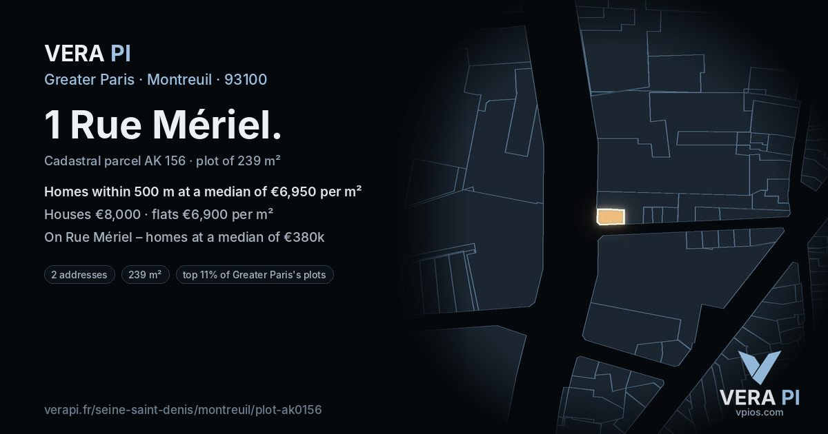 1 Rue Mériel, Montreuil at night – the plot lit, the parcels around coloured by the prices near them
