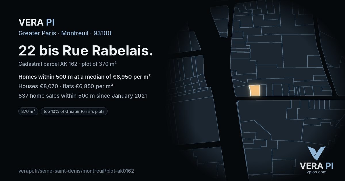 22 bis Rue Rabelais, Montreuil at night – the plot lit, the parcels around coloured by the prices near them