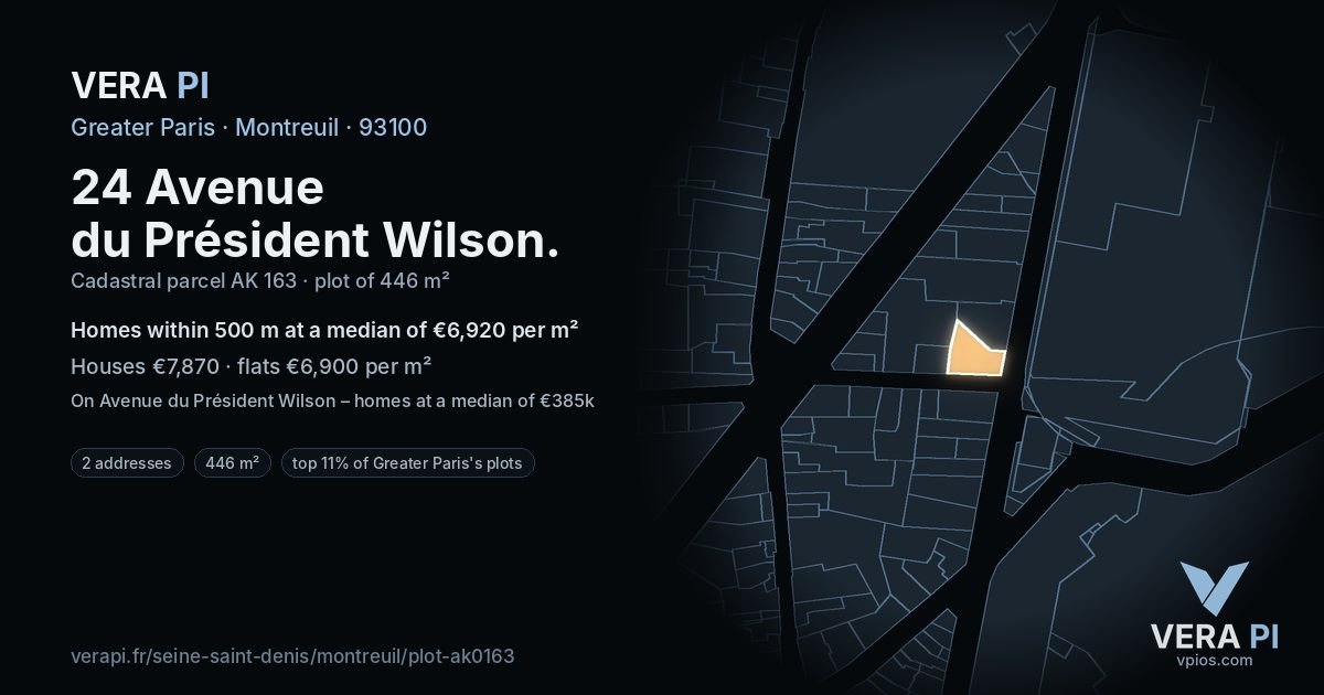 24 Avenue du Président Wilson, Montreuil at night – the plot lit, the parcels around coloured by the prices near them