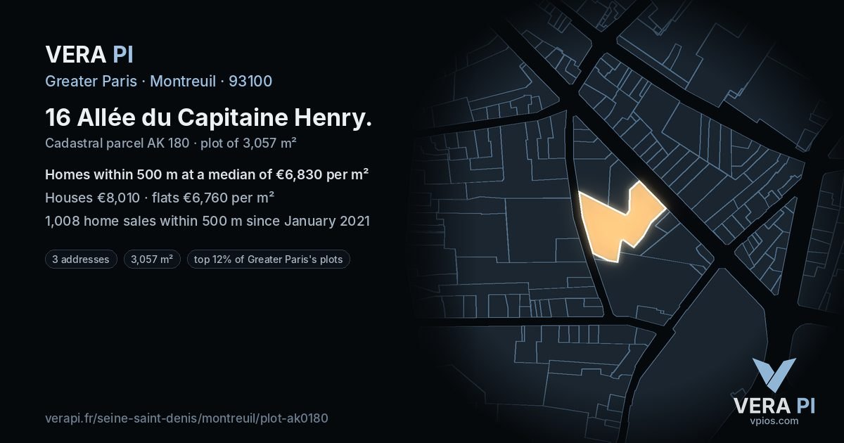 16 Allée du Capitaine Henry, Montreuil at night – the plot lit, the parcels around coloured by the prices near them