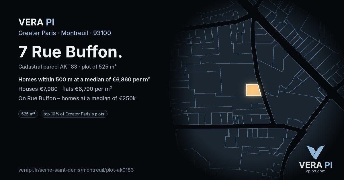 7 Rue Buffon, Montreuil at night – the plot lit, the parcels around coloured by the prices near them