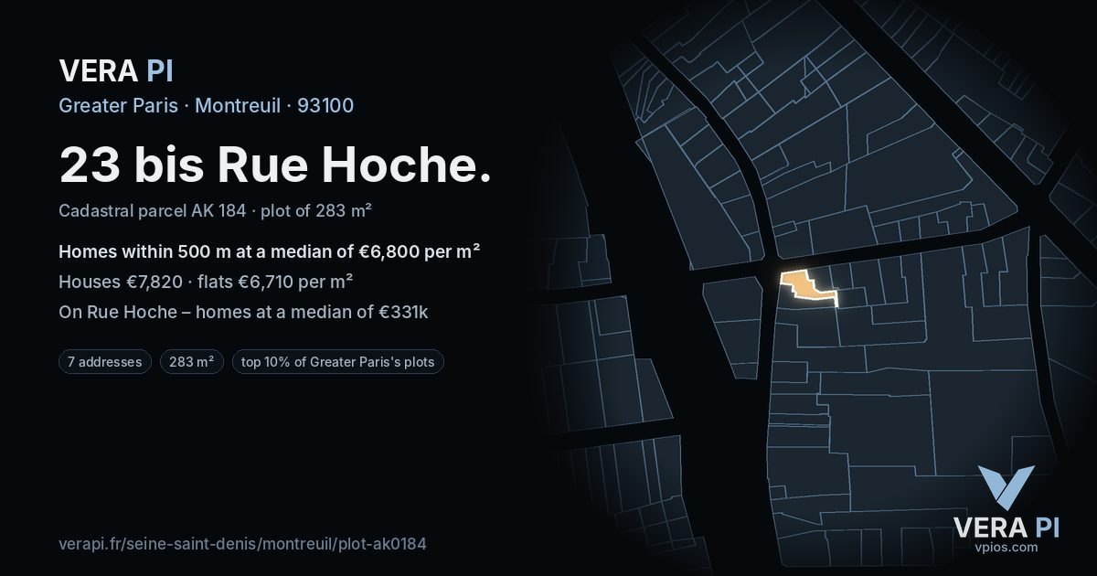 23 bis Rue Hoche, Montreuil at night – the plot lit, the parcels around coloured by the prices near them