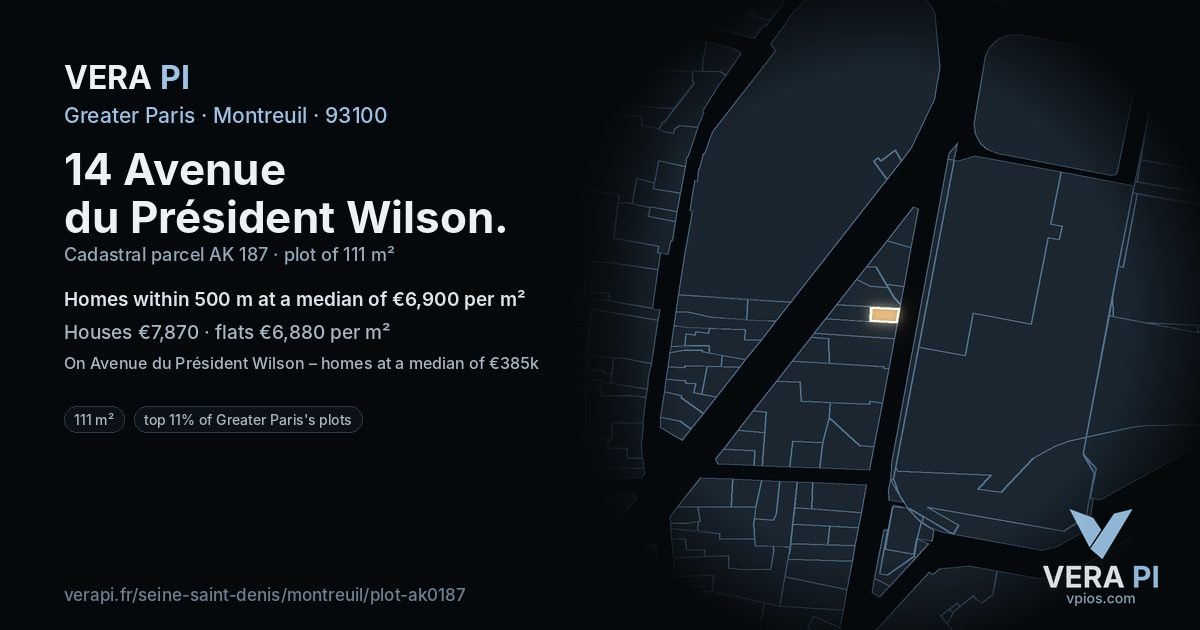 14 Avenue du Président Wilson, Montreuil at night – the plot lit, the parcels around coloured by the prices near them