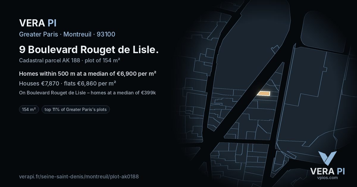 9 Boulevard Rouget de Lisle, Montreuil at night – the plot lit, the parcels around coloured by the prices near them