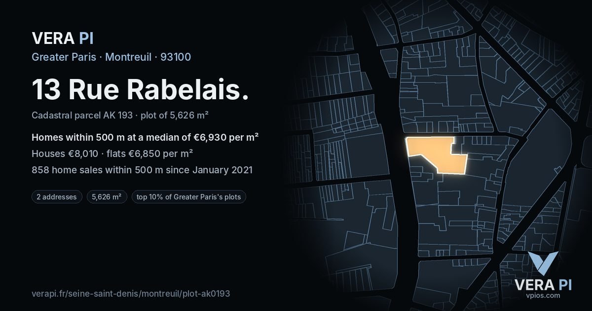 13 Rue Rabelais, Montreuil at night – the plot lit, the parcels around coloured by the prices near them