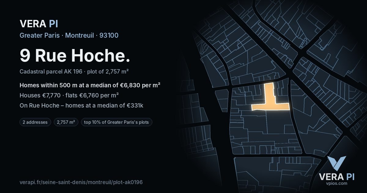 9 Rue Hoche, Montreuil at night – the plot lit, the parcels around coloured by the prices near them