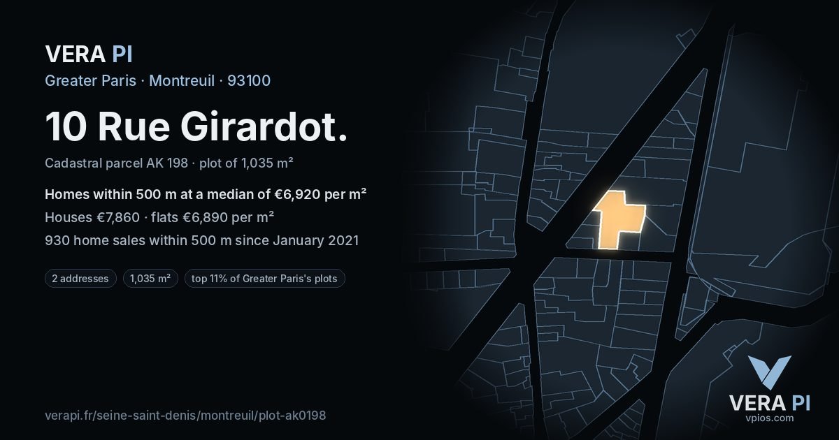10 Rue Girardot, Montreuil at night – the plot lit, the parcels around coloured by the prices near them