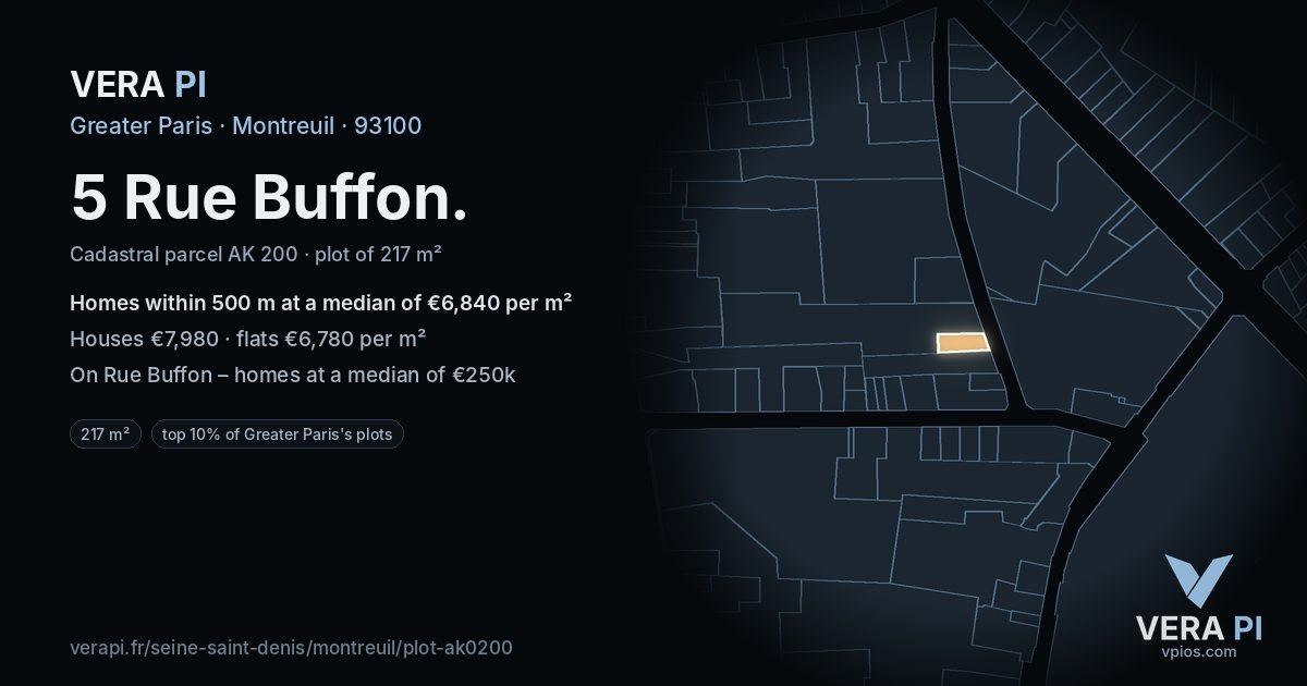 5 Rue Buffon, Montreuil at night – the plot lit, the parcels around coloured by the prices near them