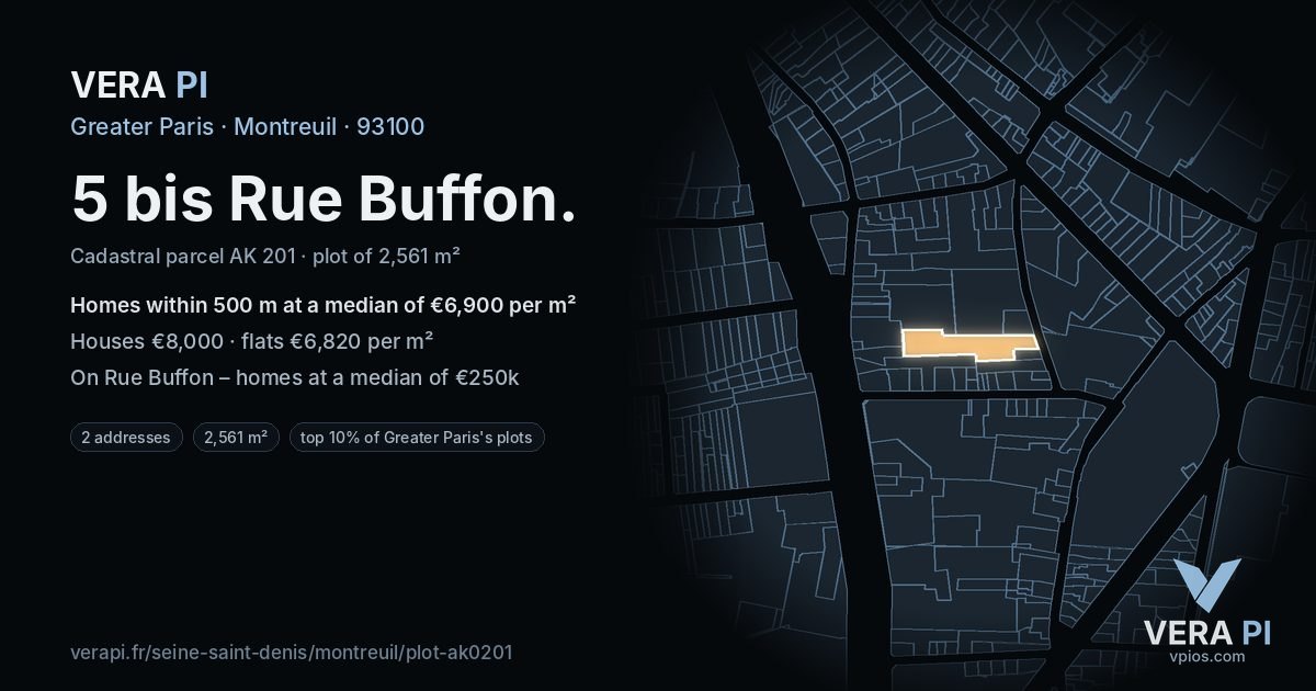 5 bis Rue Buffon, Montreuil at night – the plot lit, the parcels around coloured by the prices near them