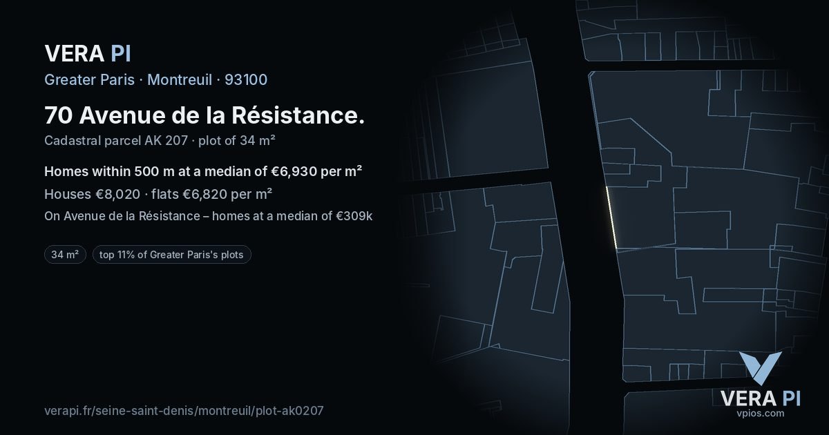 70 Avenue de la Résistance, Montreuil at night – the plot lit, the parcels around coloured by the prices near them