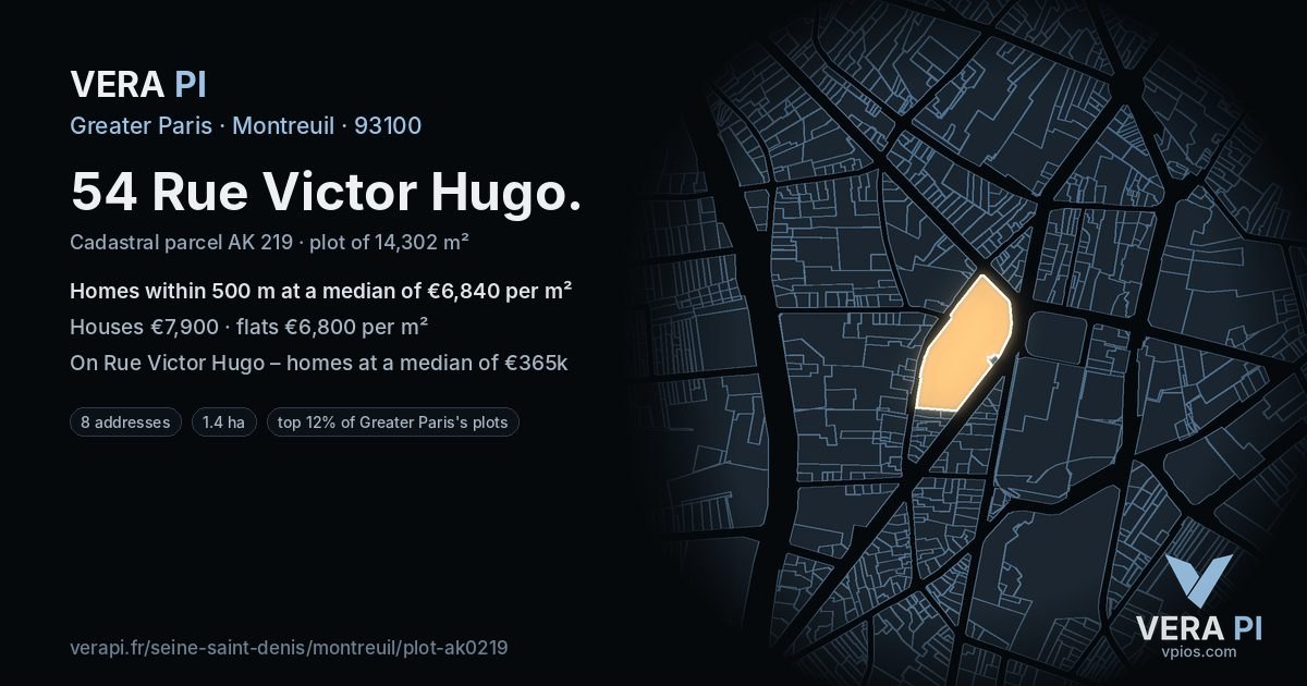 54 Rue Victor Hugo, Montreuil at night – the plot lit, the parcels around coloured by the prices near them
