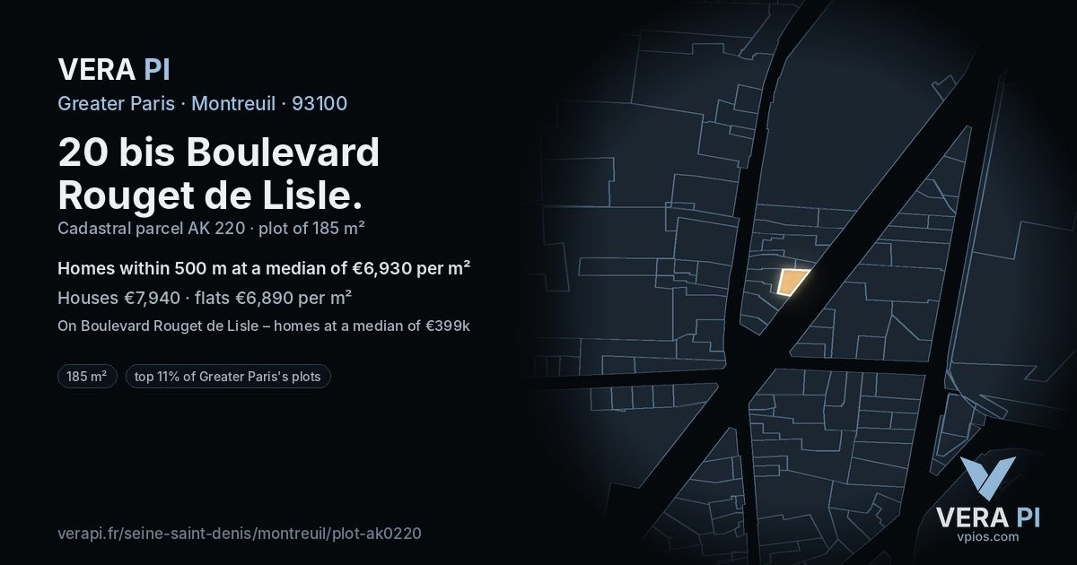 20 bis Boulevard Rouget de Lisle, Montreuil at night – the plot lit, the parcels around coloured by the prices near them