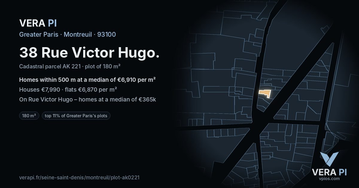 38 Rue Victor Hugo, Montreuil at night – the plot lit, the parcels around coloured by the prices near them