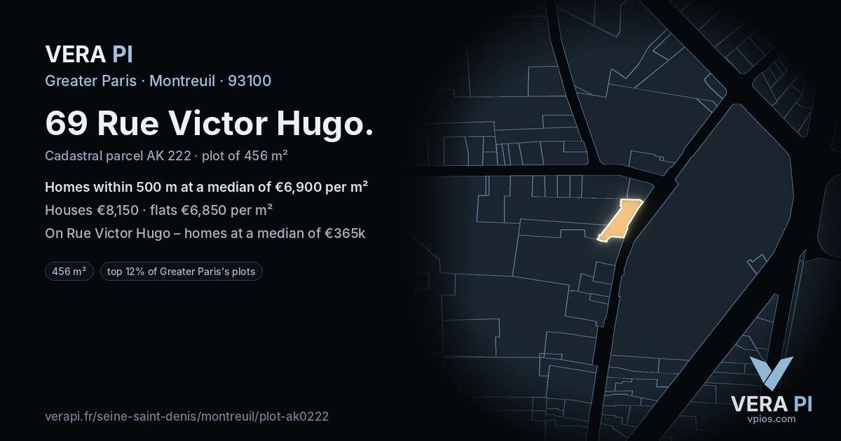 69 Rue Victor Hugo, Montreuil at night – the plot lit, the parcels around coloured by the prices near them
