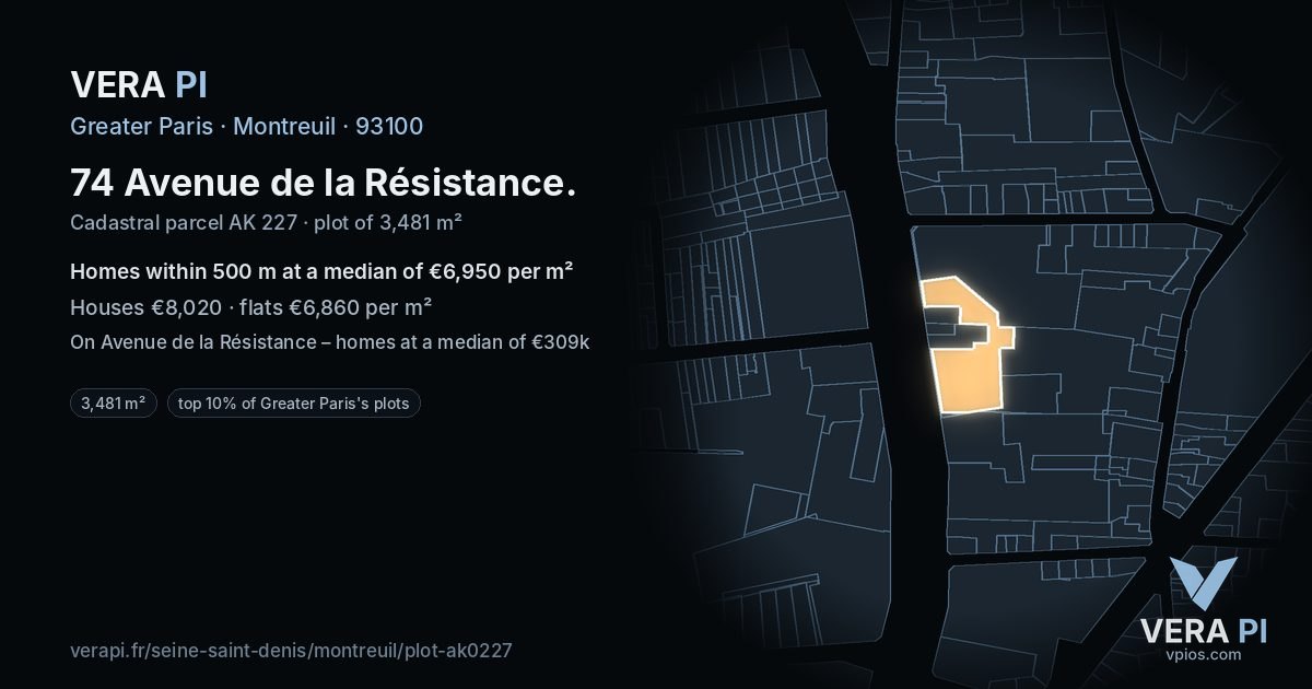 74 Avenue de la Résistance, Montreuil at night – the plot lit, the parcels around coloured by the prices near them