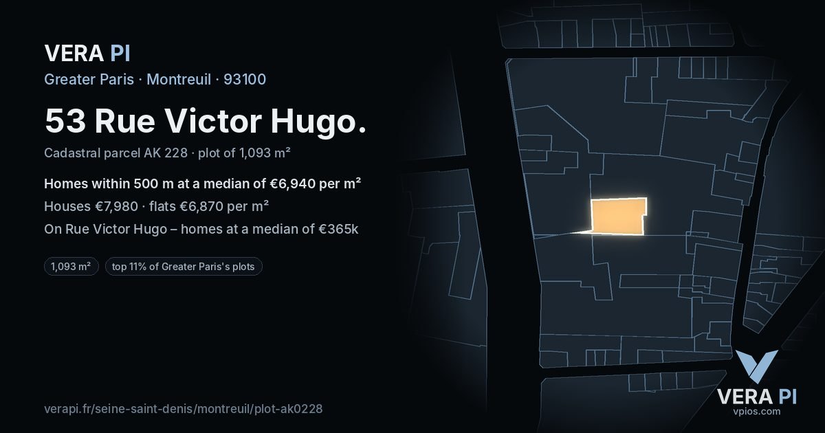 53 Rue Victor Hugo, Montreuil at night – the plot lit, the parcels around coloured by the prices near them