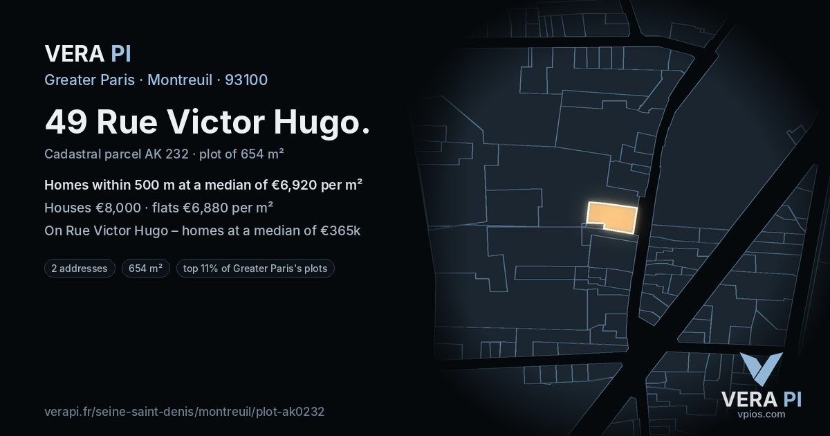 49 Rue Victor Hugo, Montreuil at night – the plot lit, the parcels around coloured by the prices near them