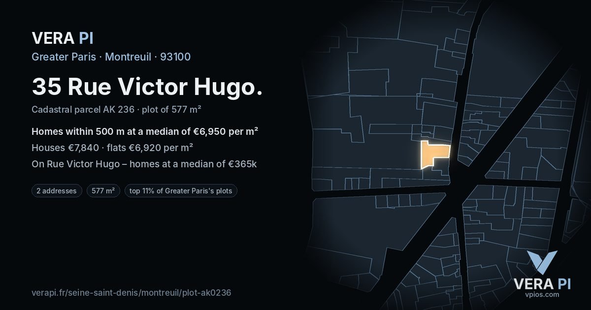35 Rue Victor Hugo, Montreuil at night – the plot lit, the parcels around coloured by the prices near them
