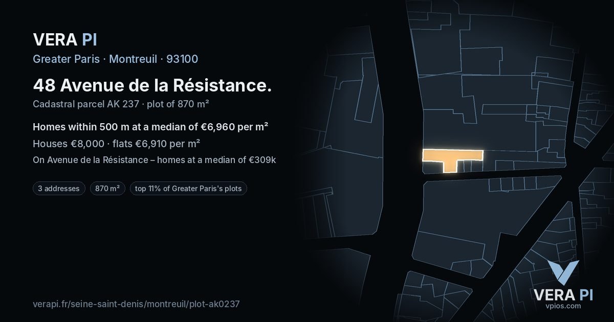 48 Avenue de la Résistance, Montreuil at night – the plot lit, the parcels around coloured by the prices near them