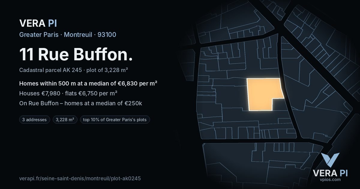 11 Rue Buffon, Montreuil at night – the plot lit, the parcels around coloured by the prices near them