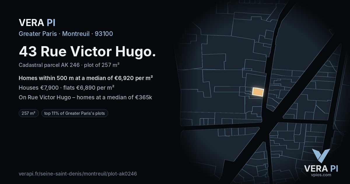 43 Rue Victor Hugo, Montreuil at night – the plot lit, the parcels around coloured by the prices near them