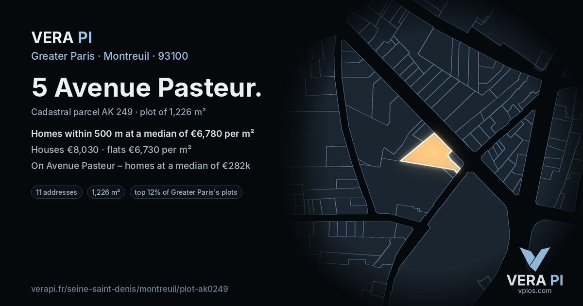 5 Avenue Pasteur, Montreuil at night – the plot lit, the parcels around coloured by the prices near them