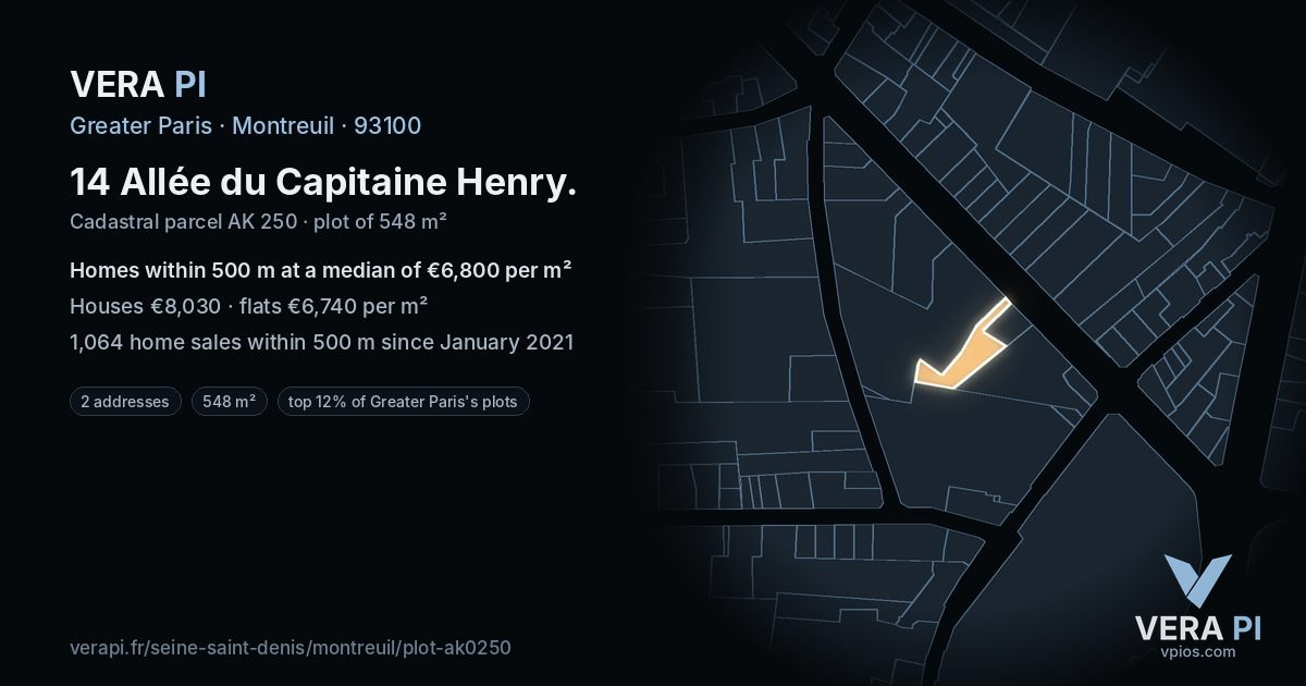 14 Allée du Capitaine Henry, Montreuil at night – the plot lit, the parcels around coloured by the prices near them
