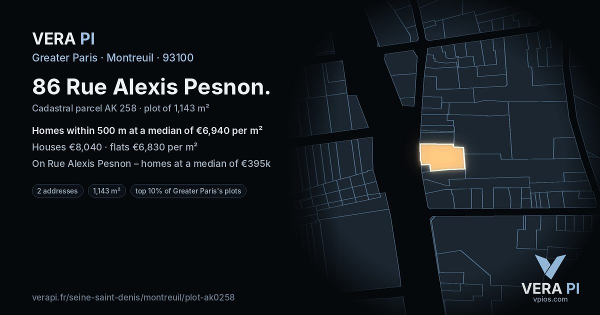 86 Rue Alexis Pesnon, Montreuil at night – the plot lit, the parcels around coloured by the prices near them