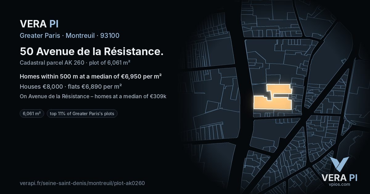 50 Avenue de la Résistance, Montreuil at night – the plot lit, the parcels around coloured by the prices near them