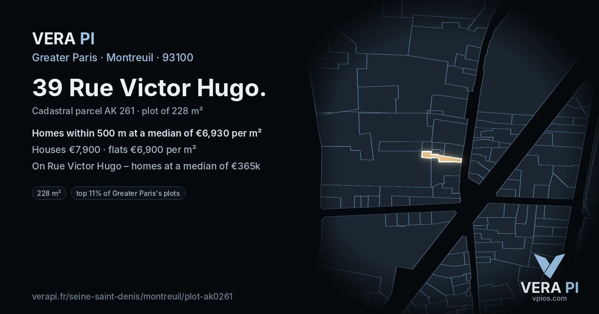 39 Rue Victor Hugo, Montreuil at night – the plot lit, the parcels around coloured by the prices near them