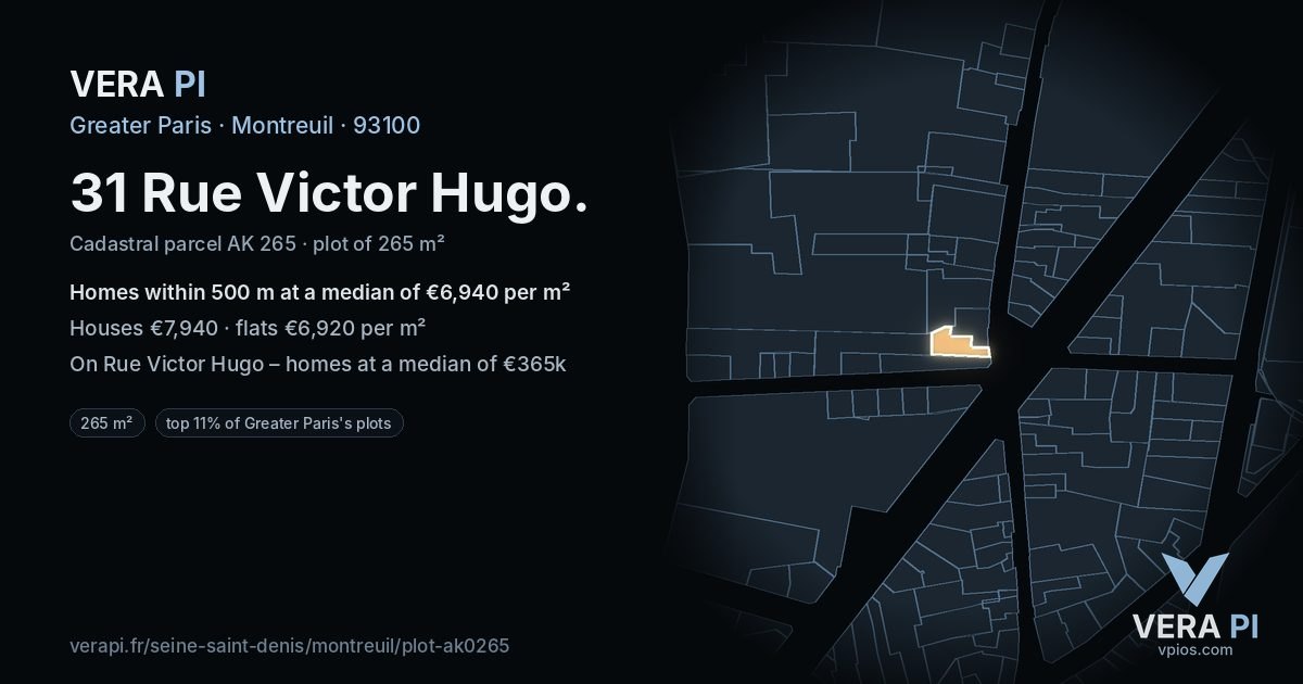 31 Rue Victor Hugo, Montreuil at night – the plot lit, the parcels around coloured by the prices near them