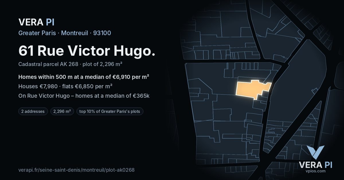 61 Rue Victor Hugo, Montreuil at night – the plot lit, the parcels around coloured by the prices near them