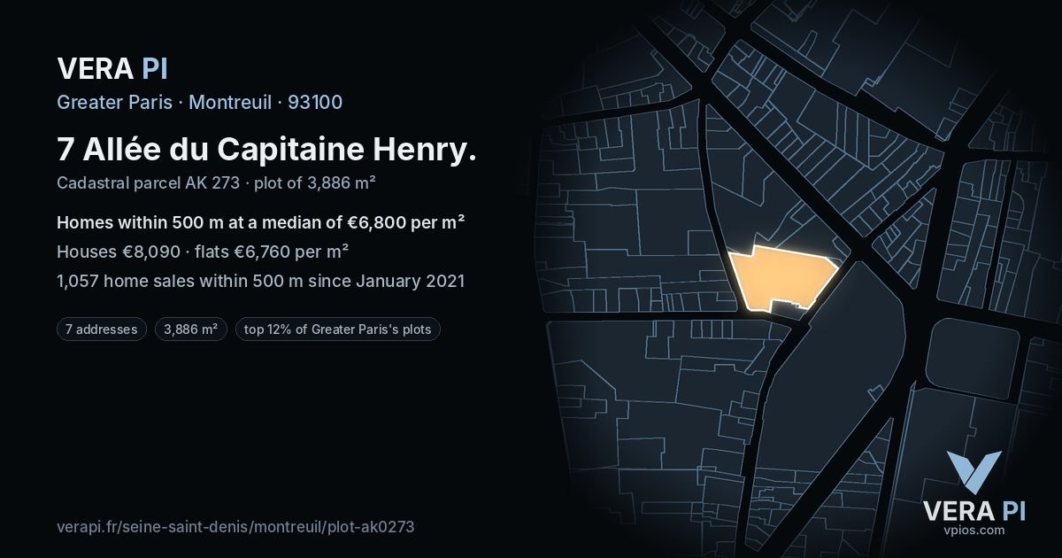 7 Allée du Capitaine Henry, Montreuil at night – the plot lit, the parcels around coloured by the prices near them