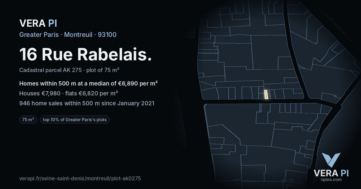 16 Rue Rabelais, Montreuil at night – the plot lit, the parcels around coloured by the prices near them