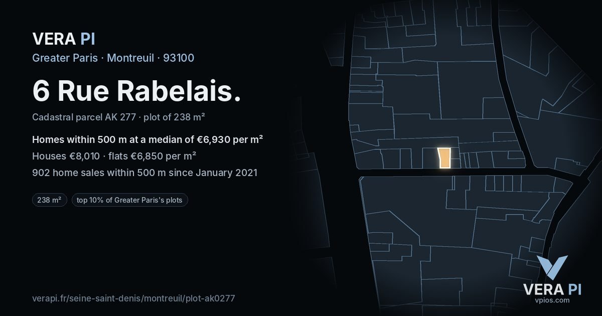 6 Rue Rabelais, Montreuil at night – the plot lit, the parcels around coloured by the prices near them