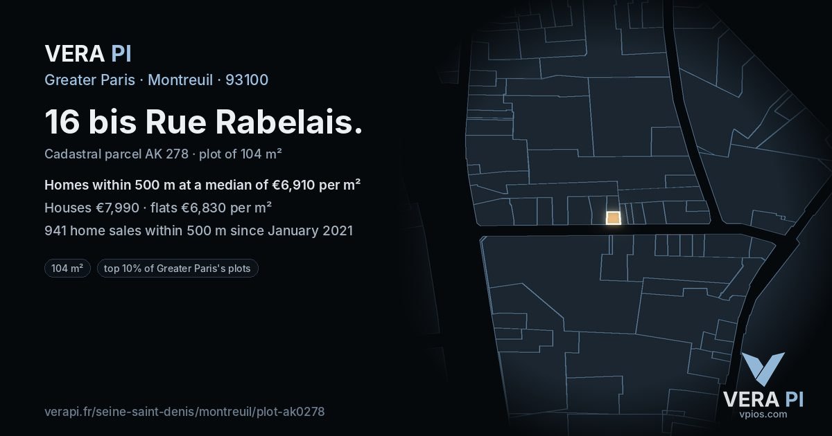 16 bis Rue Rabelais, Montreuil at night – the plot lit, the parcels around coloured by the prices near them