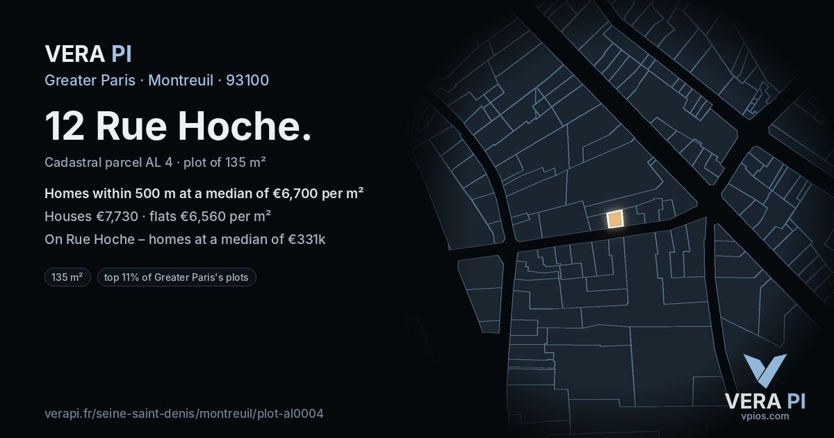 12 Rue Hoche, Montreuil at night – the plot lit, the parcels around coloured by the prices near them