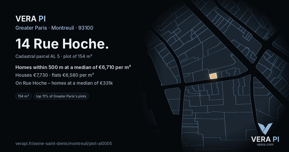 14 Rue Hoche, Montreuil at night – the plot lit, the parcels around coloured by the prices near them