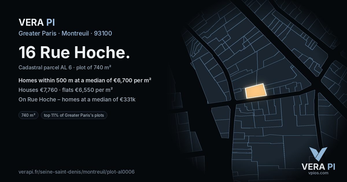 16 Rue Hoche, Montreuil at night – the plot lit, the parcels around coloured by the prices near them