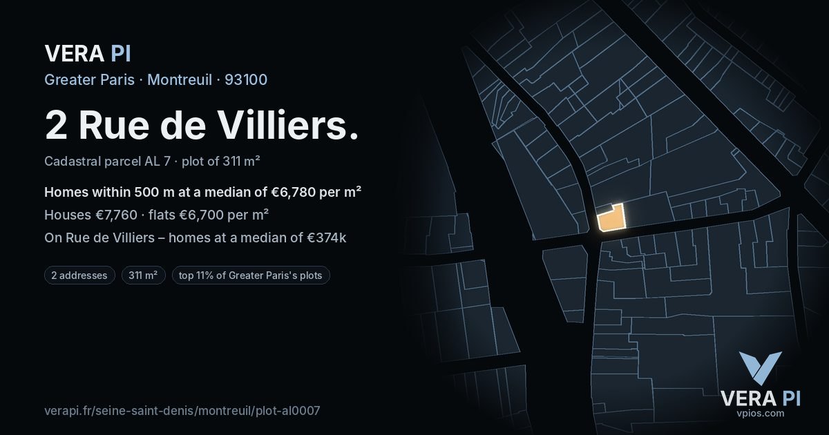 2 Rue de Villiers, Montreuil at night – the plot lit, the parcels around coloured by the prices near them