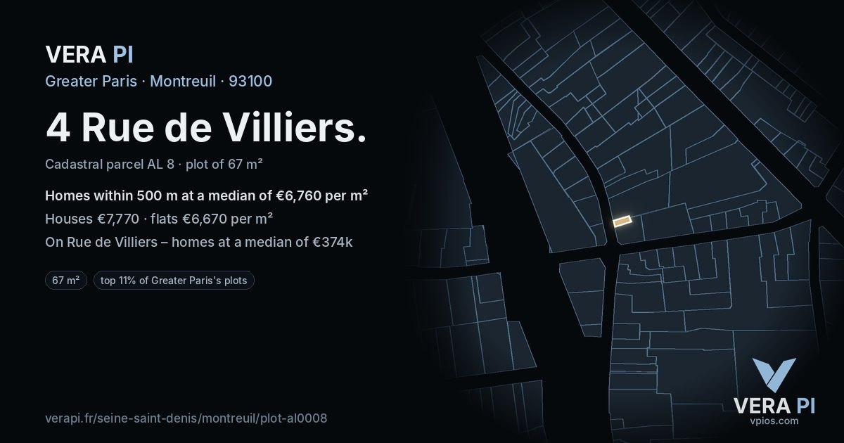 4 Rue de Villiers, Montreuil at night – the plot lit, the parcels around coloured by the prices near them